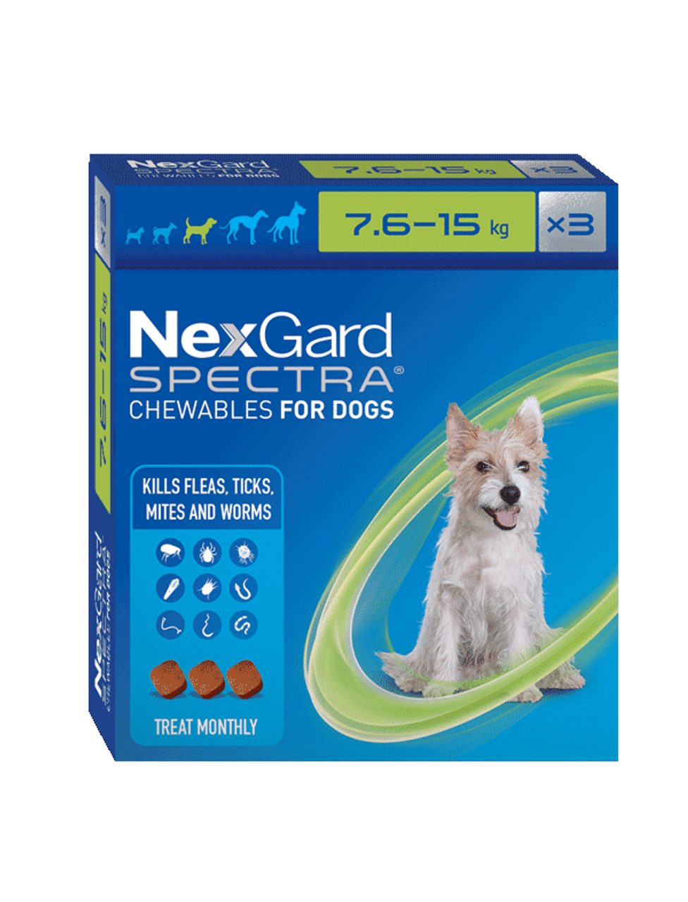 NexGard Spectra  - Flea, Tick, Mites & Worm Treatment - 3 pack (7.6kg to 15kg)