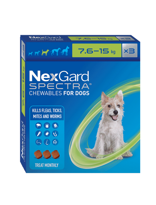 NexGard Spectra  - Flea, Tick, Mites & Worm Treatment - 3 pack (7.6kg to 15kg)